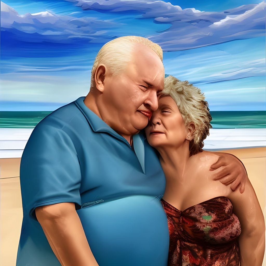 Hyperrealistic Elderly Couple on Beach in Splash Art Style