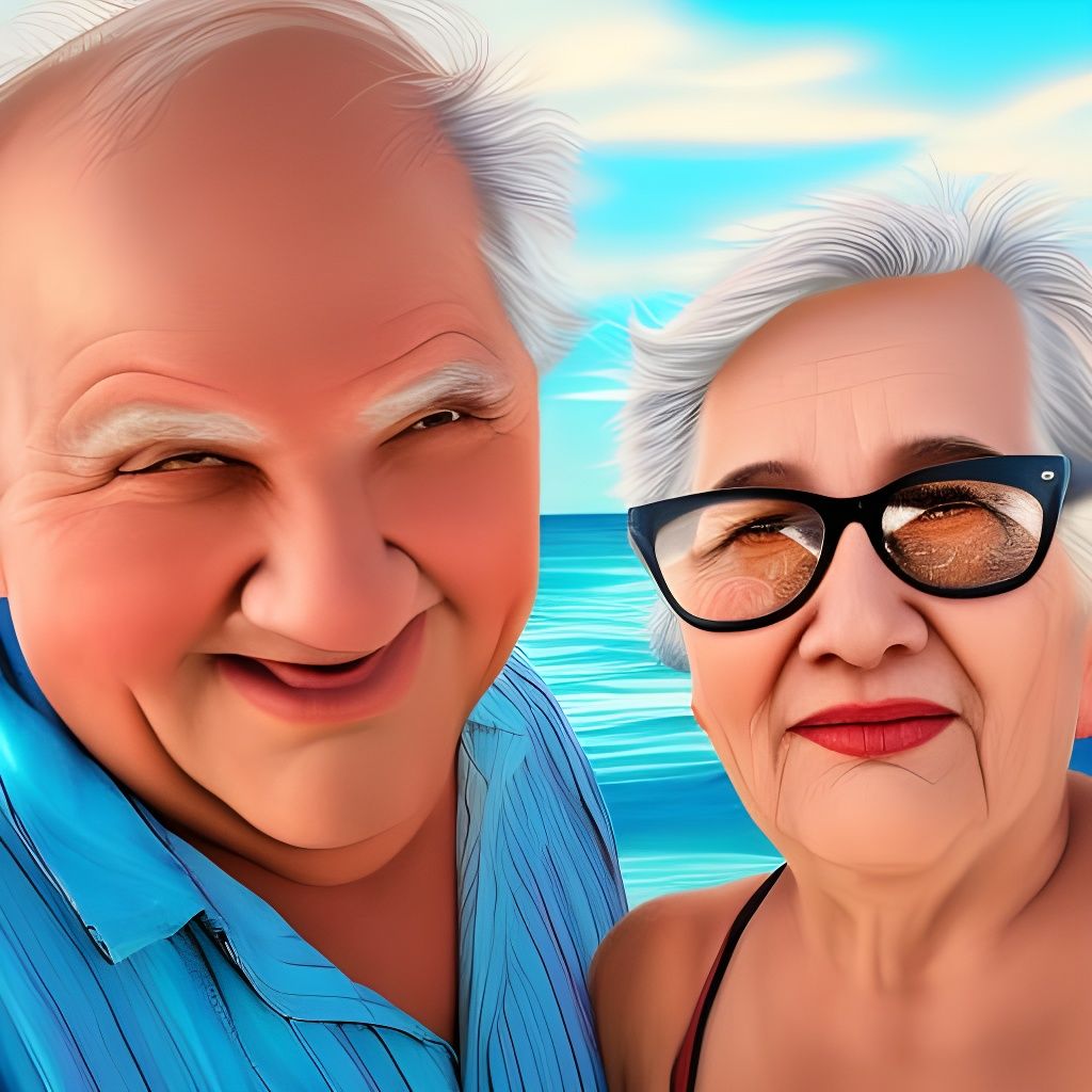 Hyperrealistic Old Couple on a Colorful Beach