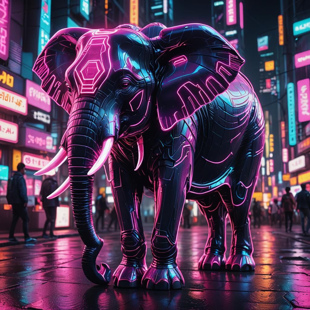 Fluorescent Elephant in Neon City: Synthwave Digital Art