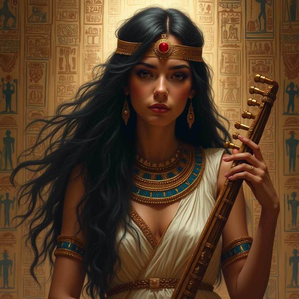 Egyptian Priestess Plays Harp in Dark Fantasy Style