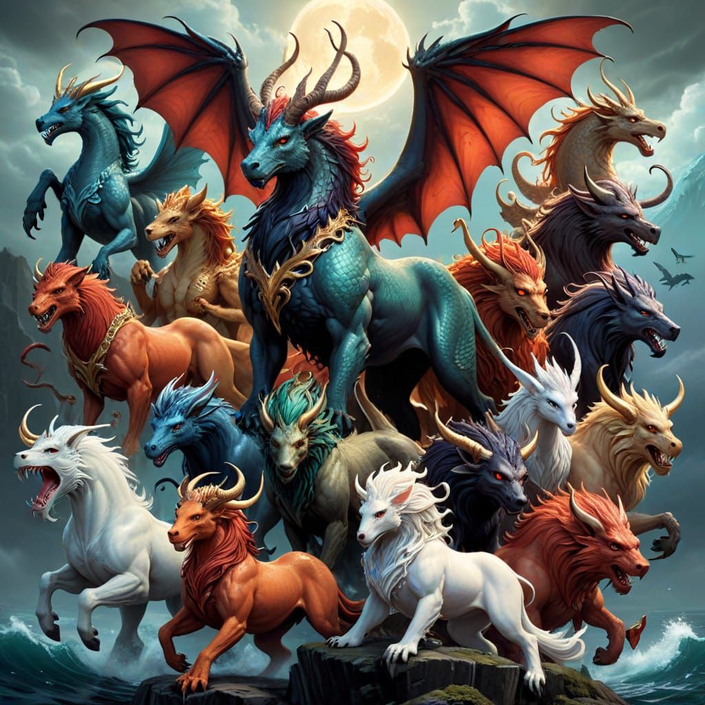 Mythical Creatures in a Fantasy Landscape