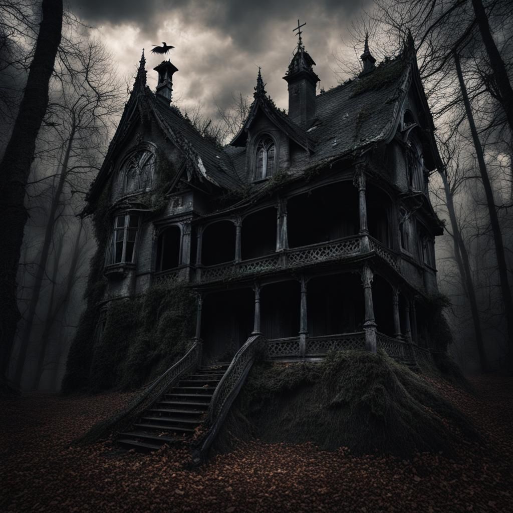 Sinister Gothic Haunted House in Dark Woods