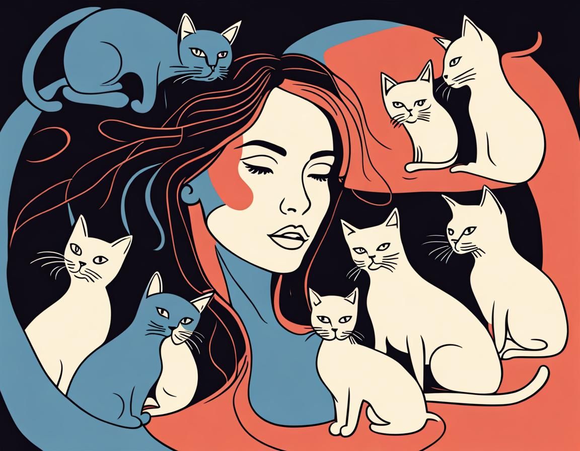 Woman Surrounded by Cats, Minimal Line Art