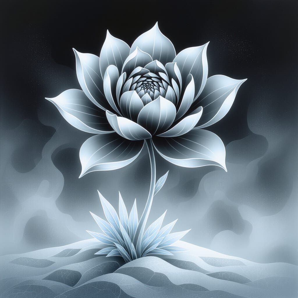 Abstract Crystalline Flower in Monochrome Charcoal Style