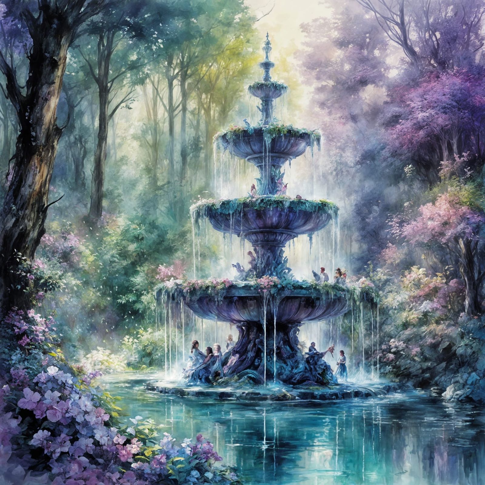 Magical Forest Fountain with Purple Birds