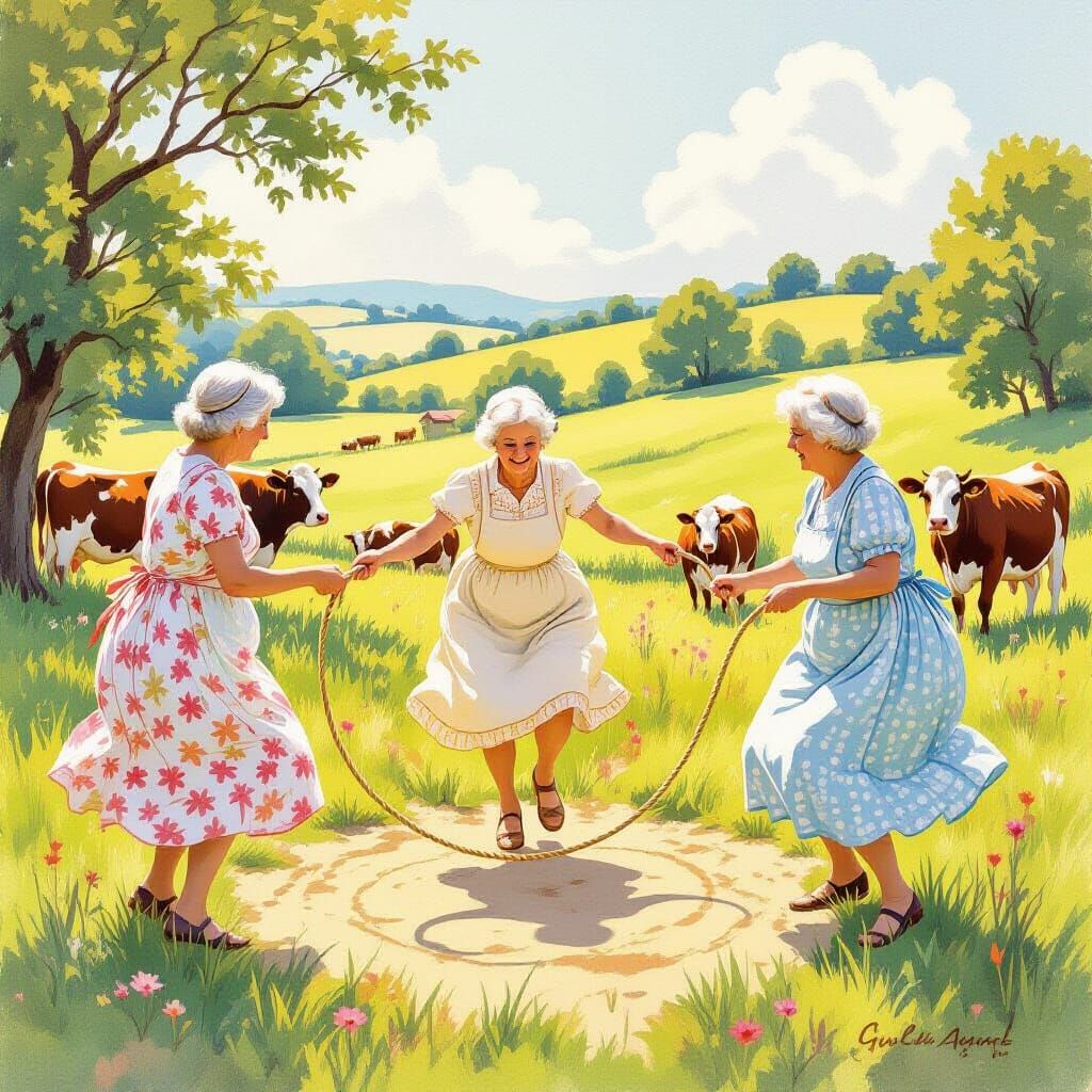 Elderly Women Play Skipping Rope in Lush Countryside Meadow