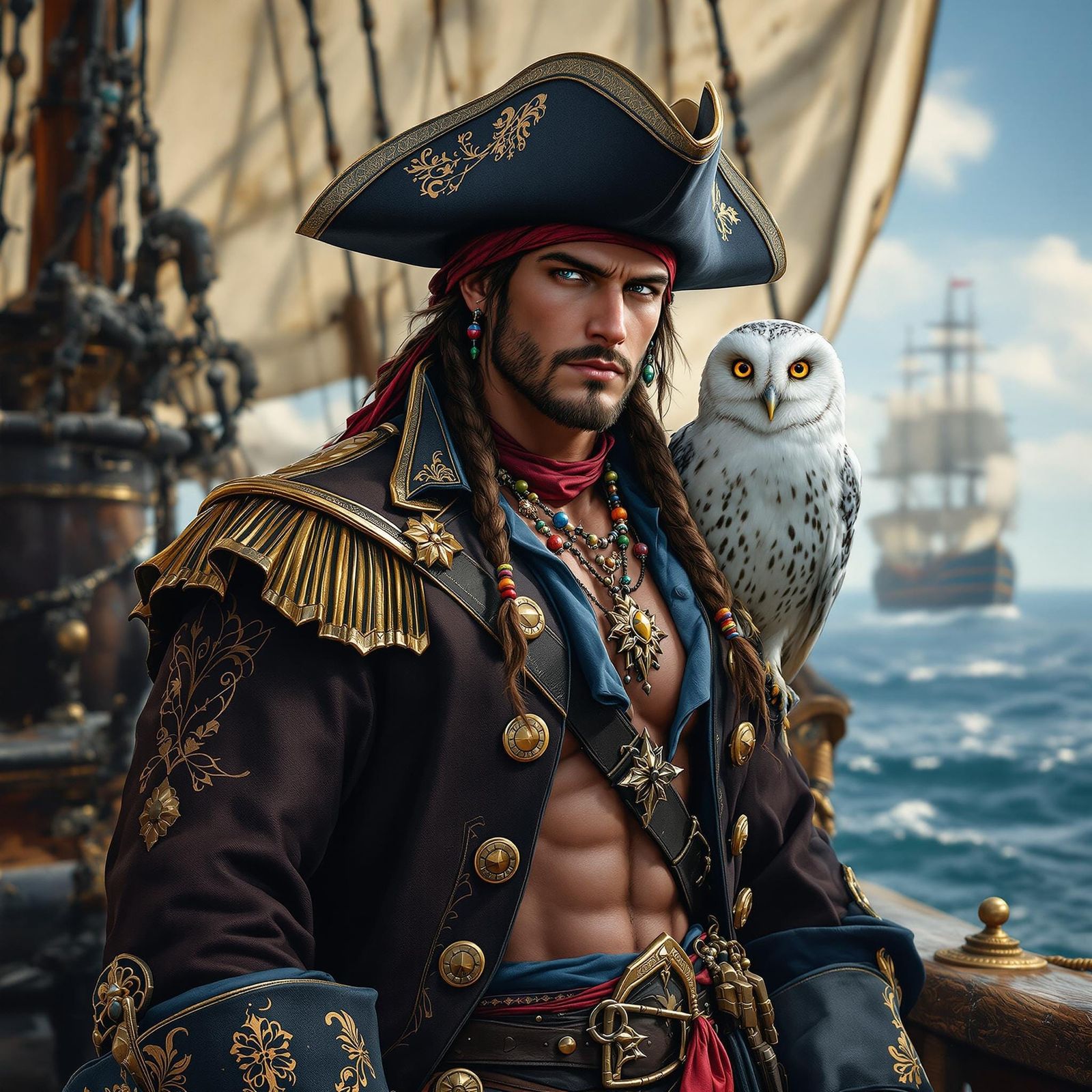 Pirate Captain in Golden Age Attire, with Snowy Owl