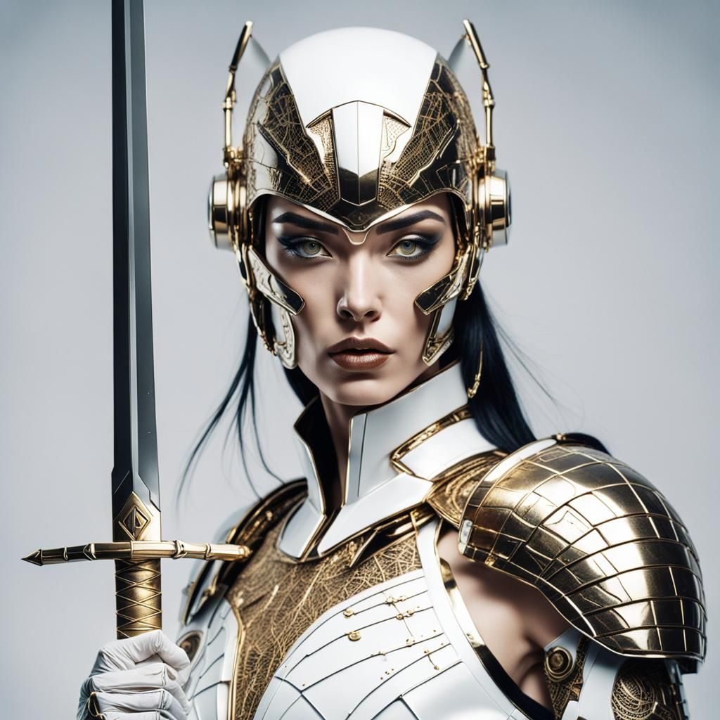 Cyborg Samurai in Kintsugi Style, Retro-Futuristic Art