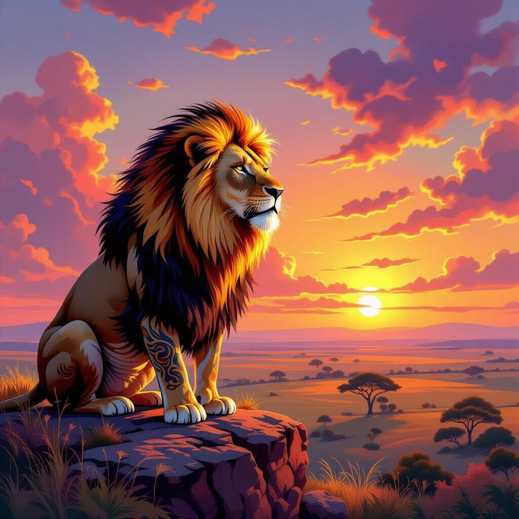 Lion with Tribal Tattoos in Art Nouveau Style