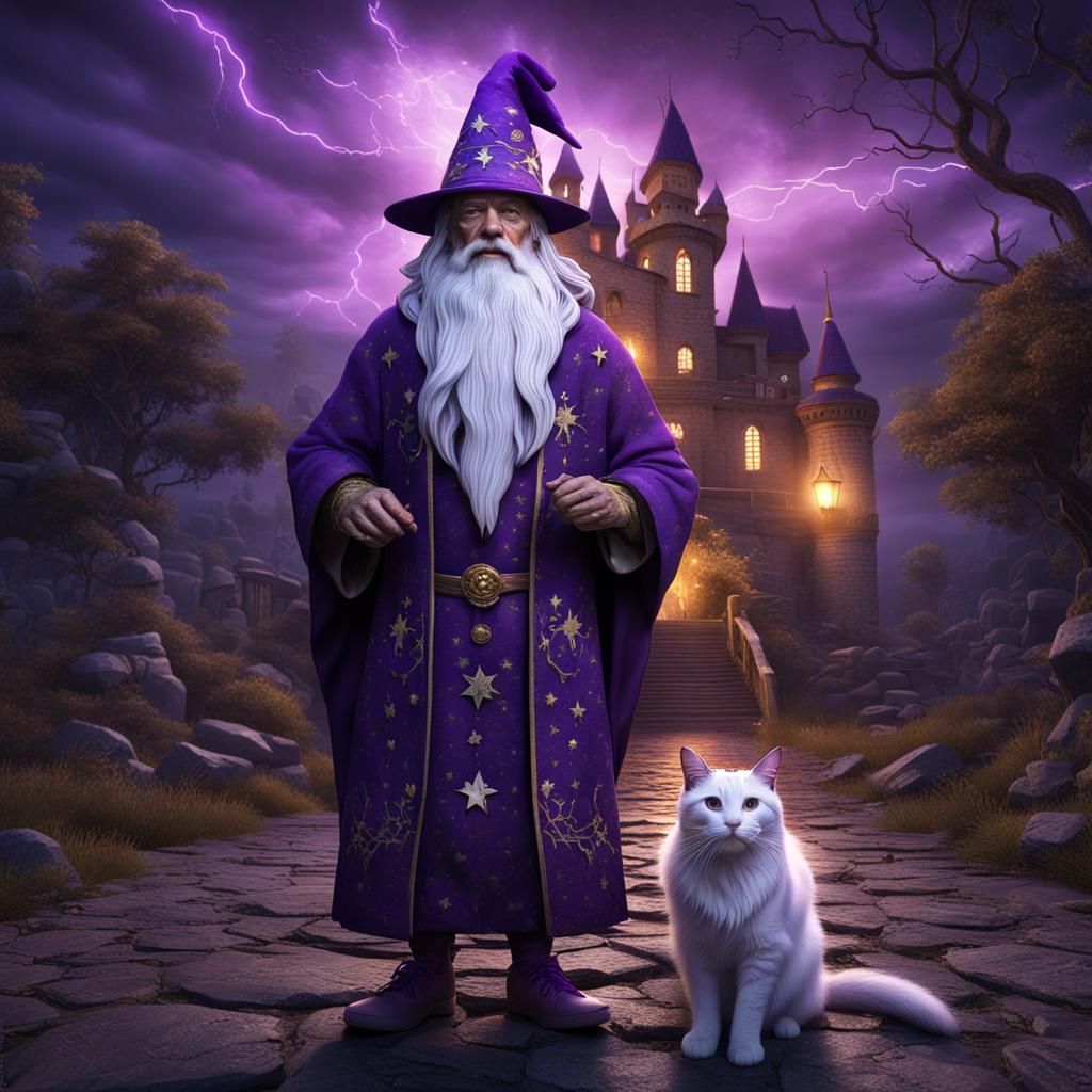 old wizzard in purple, and a white cat