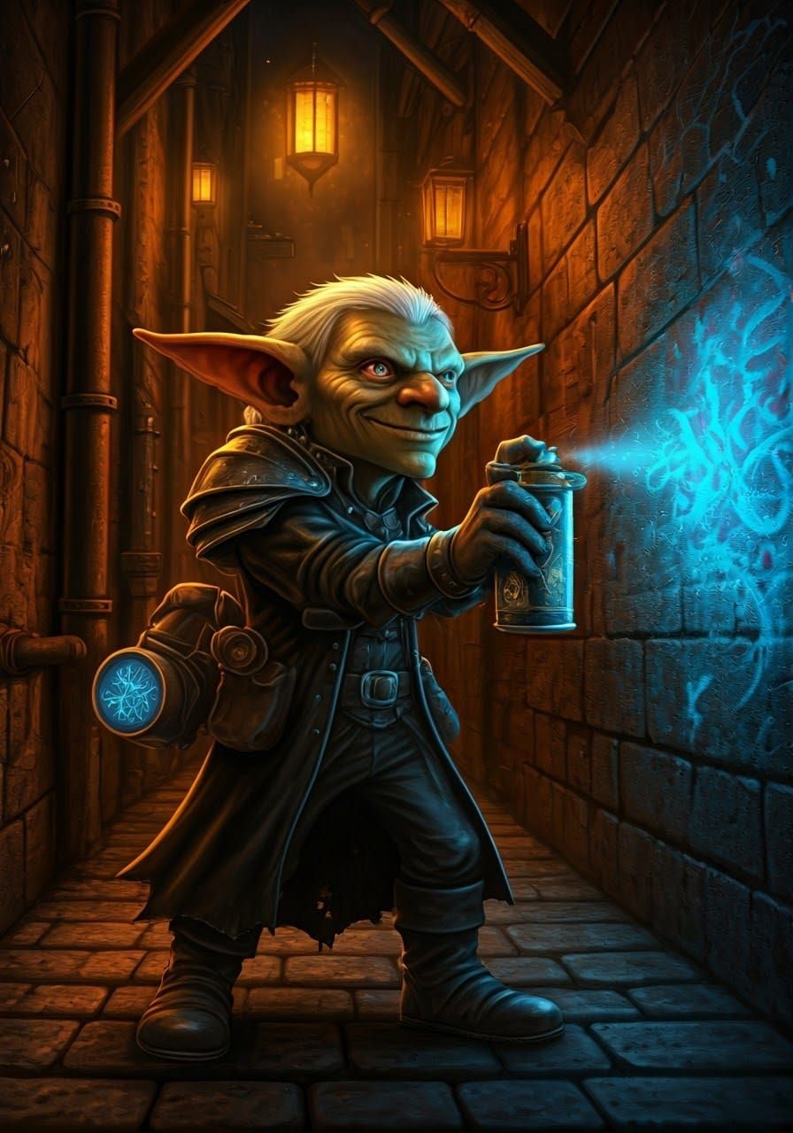 Steampunk Goblin Graffiti Artist in Fantasy Slum