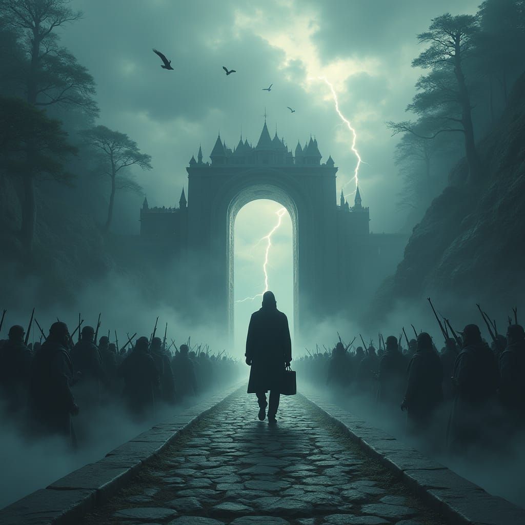 Luminous Archway Scene with Figure and Towering Forest