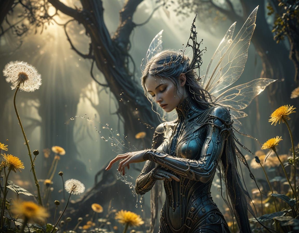 Translucent Fairy on Dandelion Stem in Mystical Sunlight