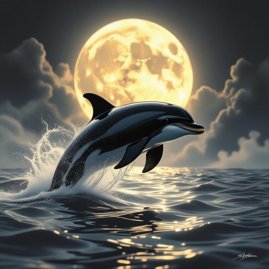 Dolphin in Moonlight: Hyper-Detailed Charcoal Drawing