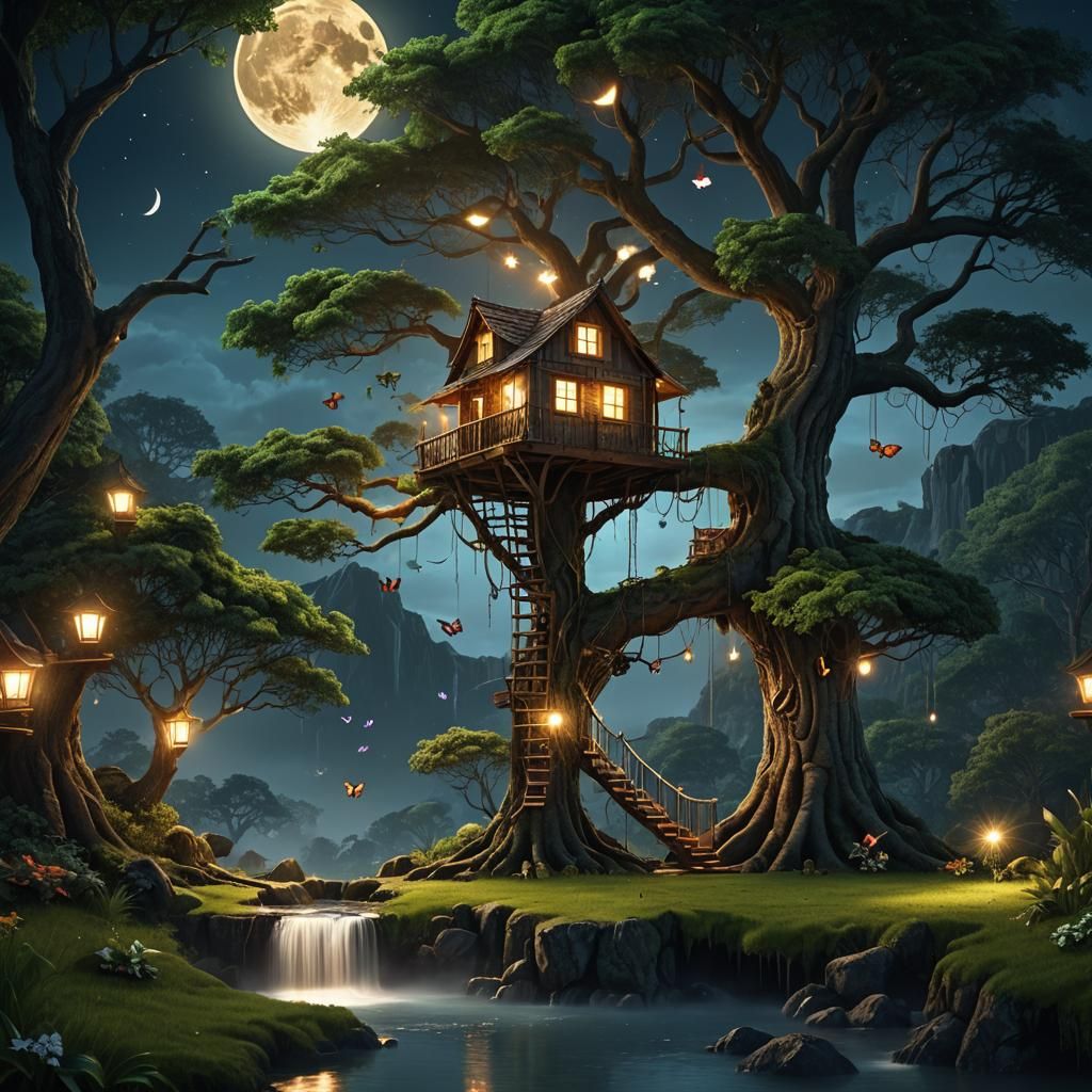 Magical Treehouse Under Moonlight
