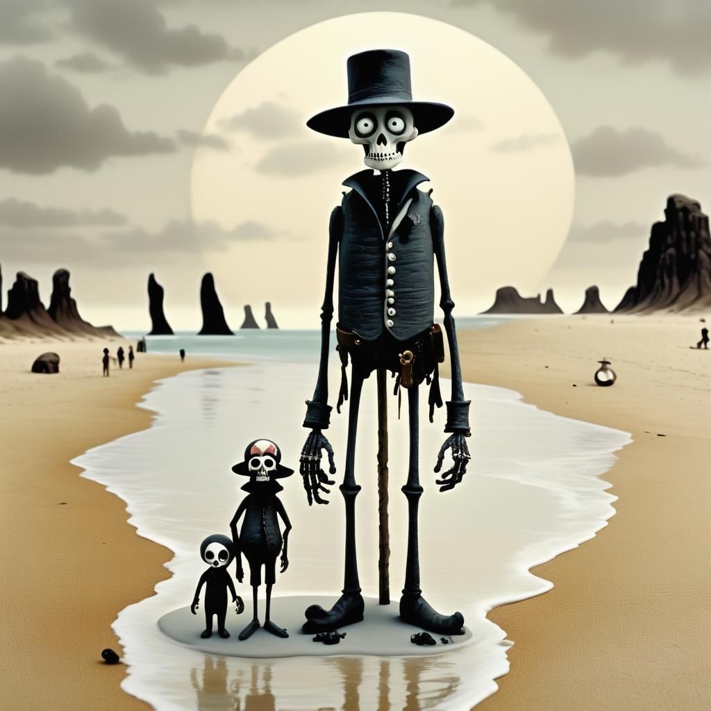 Gothic Cowboy on Beach in Claymation Style
