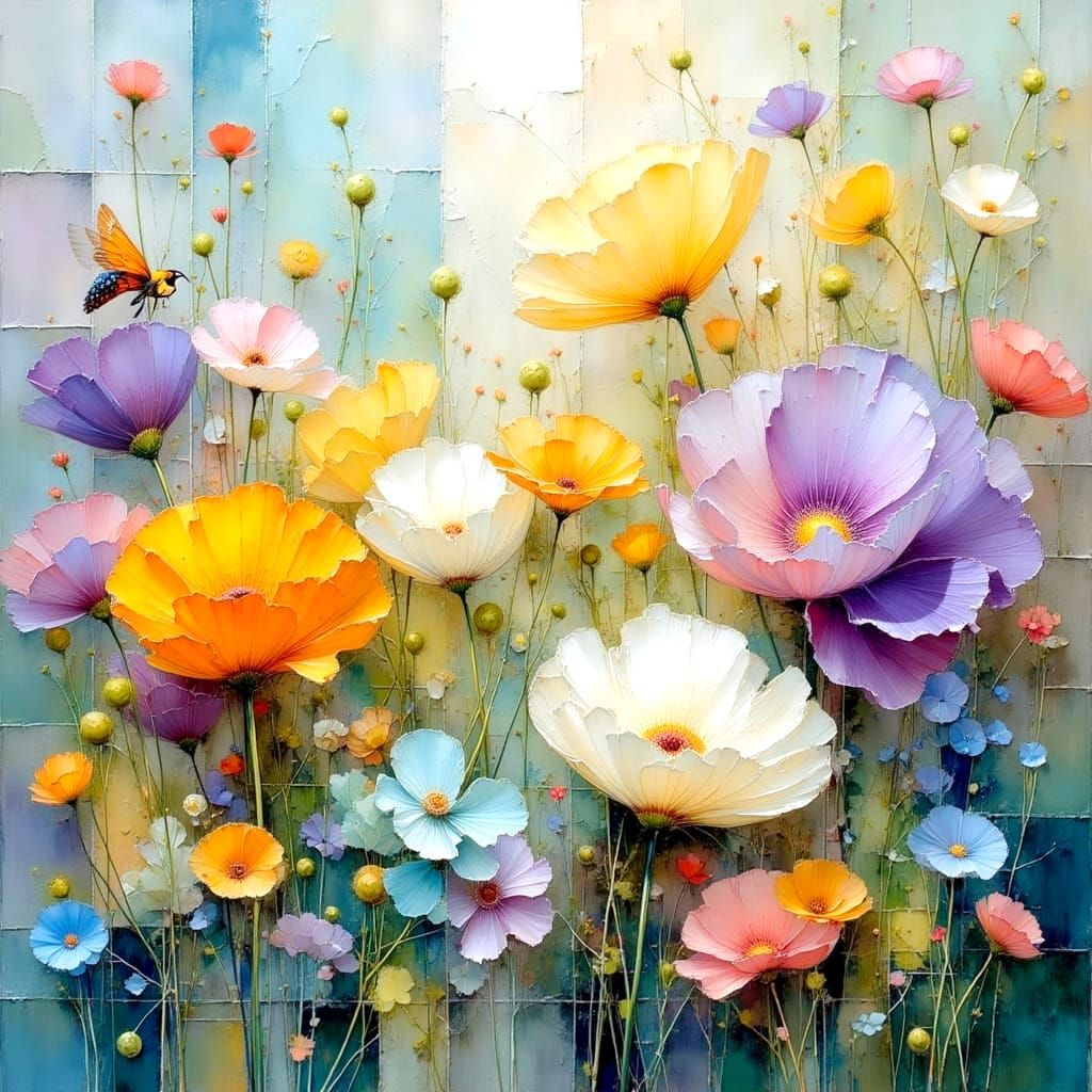 Couple in Whimsical Floral Landscape with Vibrant Colors