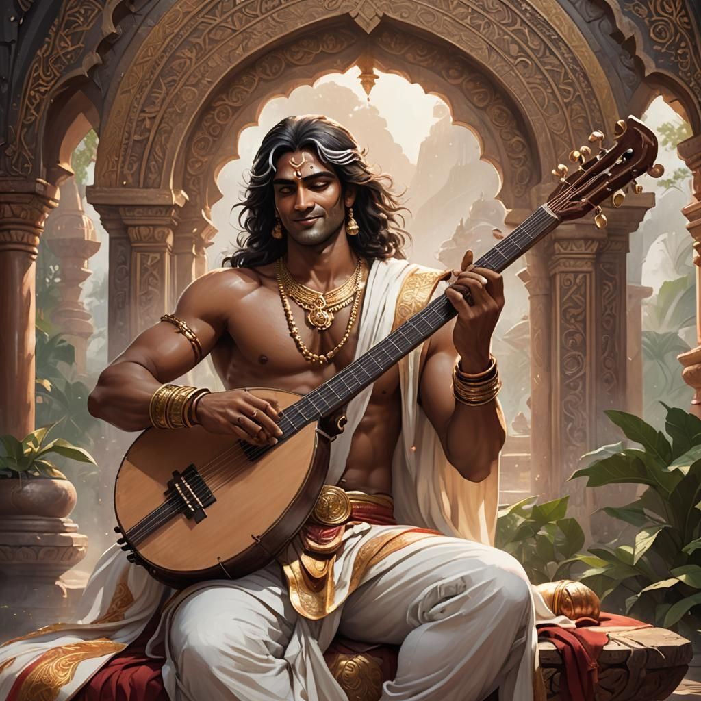 Arjuna with Veena: Hyperdetailed Digital Art Portrait