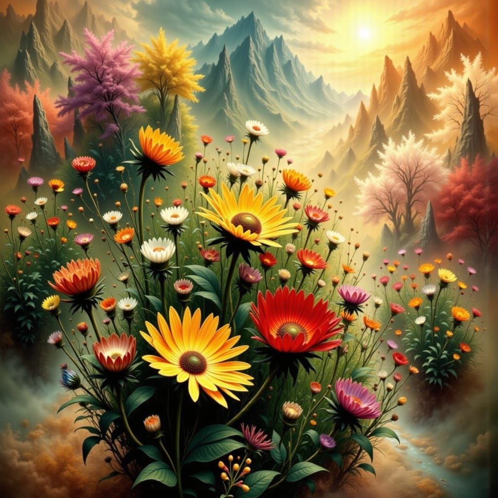 Epic Mountain Sunset Landscape in Fantasy Art Style