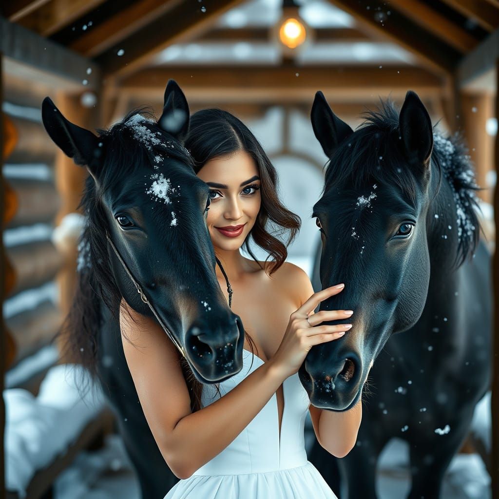 Elegant Woman with Búho in Winter Wonderland