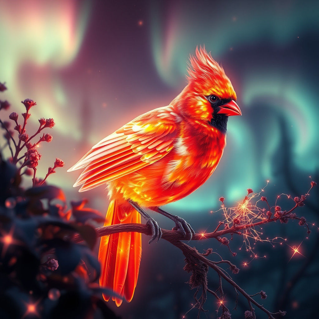 Luminous Cardinal in Aurora Borealis: Digital Painting