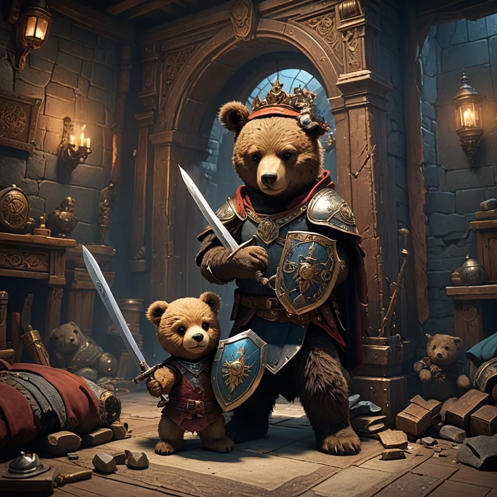 Toy Bear Knight Protects Sleeping Child