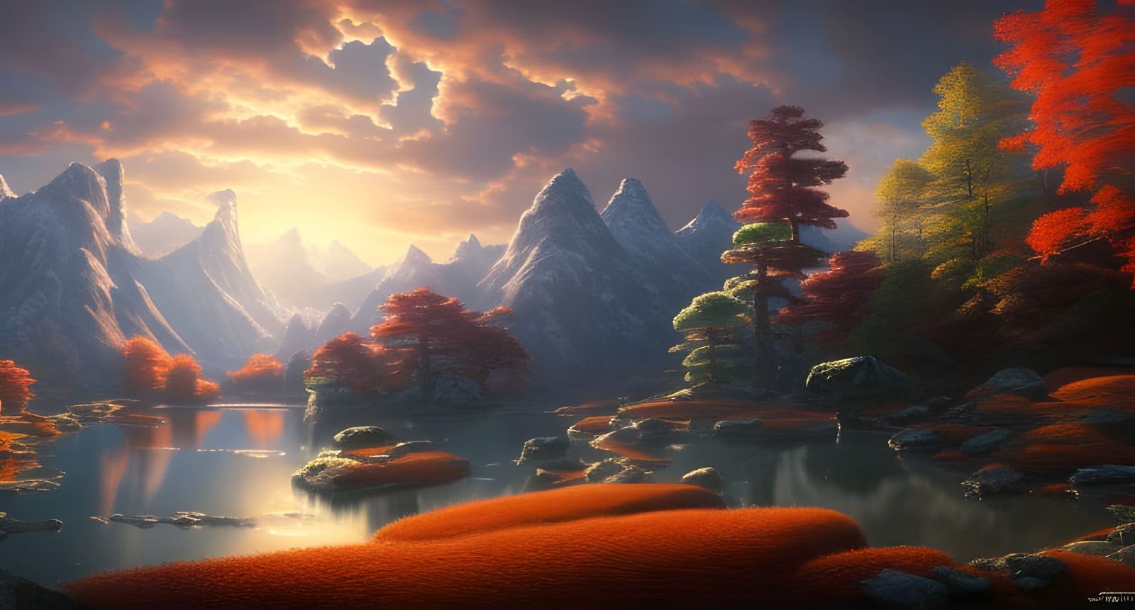 Magical Japanese Mountain Valley Autumn Landscape