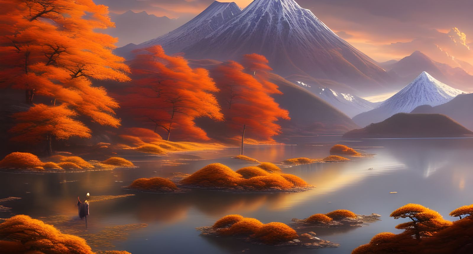 Hyper-Realistic Japanese Autumn Mountain Sunset Landscape