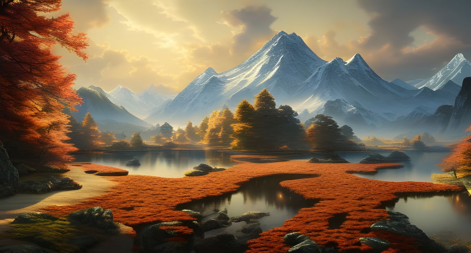 Hyper-Realistic Japanese Autumn Mountain Sunset