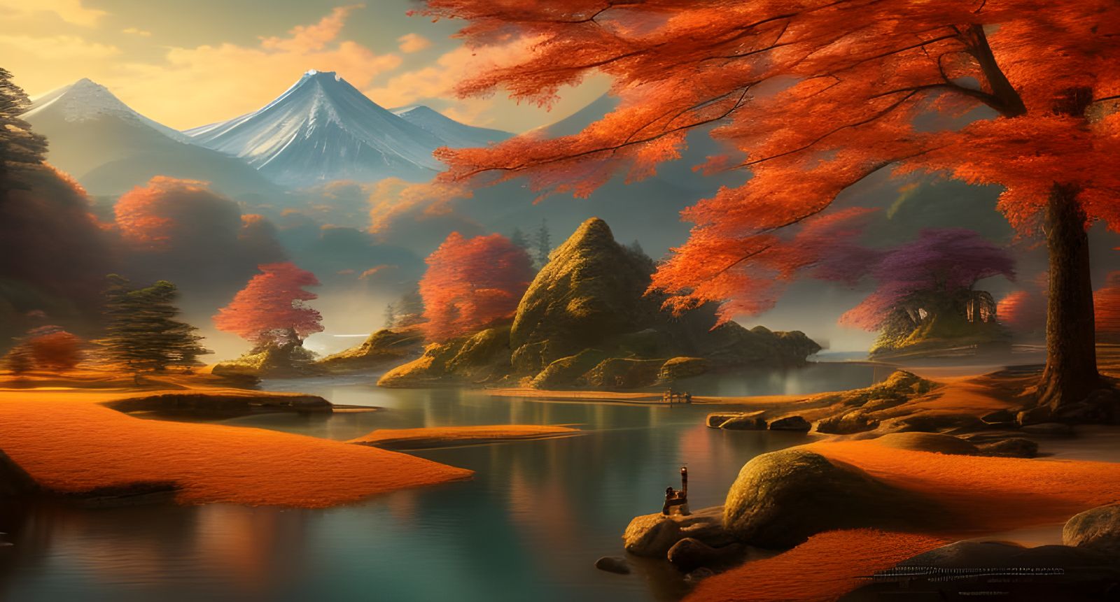 Hyper-Realistic Japanese Autumn Mountain Landscape at Sunset