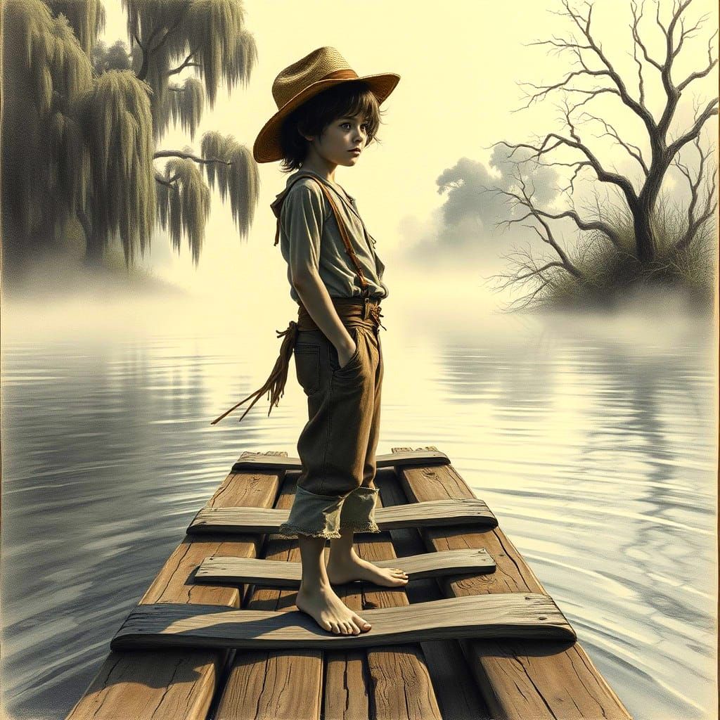 Huckleberry Finn: Detailed Charcoal River Drawing