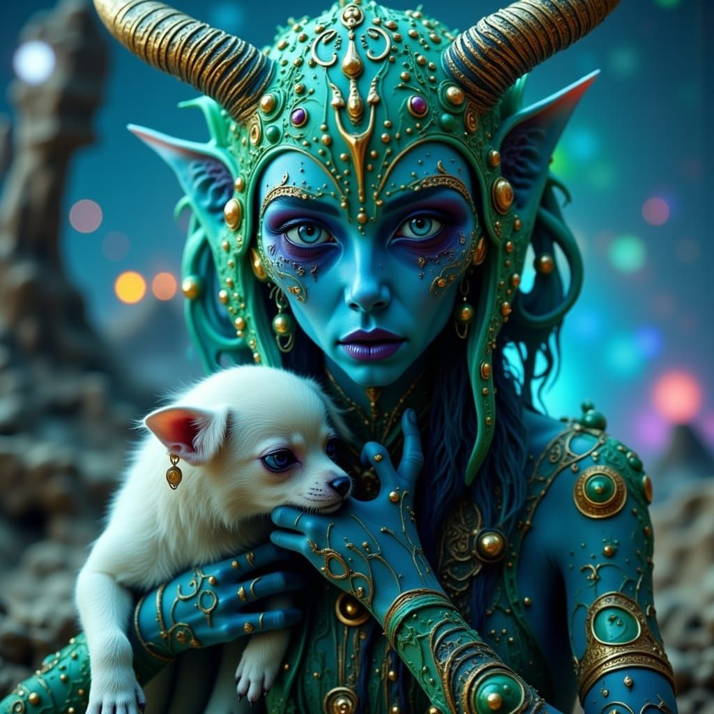 Hyperrealistic Alien Woman Cuddling Dog on Moon