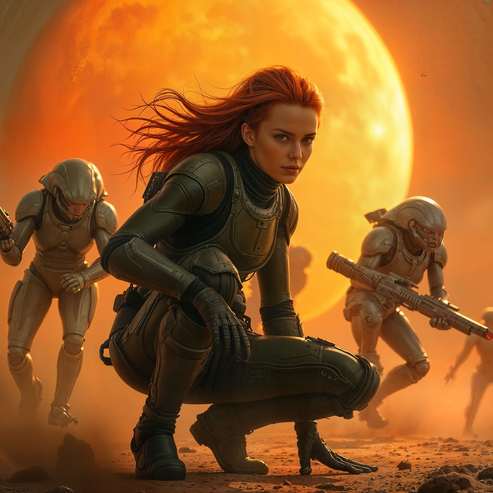 Fiery Red Warrior in Sci-Fi Action Scene