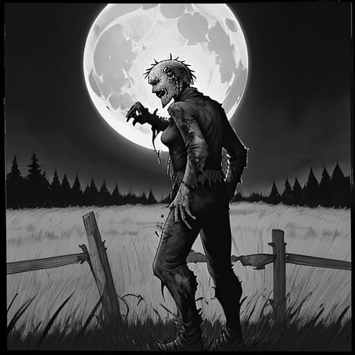 B&W Bernie Wrightson zombie horror comic. A lone feral zombie stands hunched over a fence in a pasture at night with the...