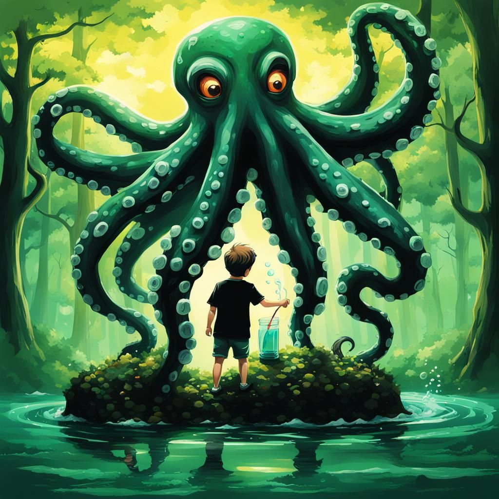 Boy and Octopus Play in Water with Sunshine