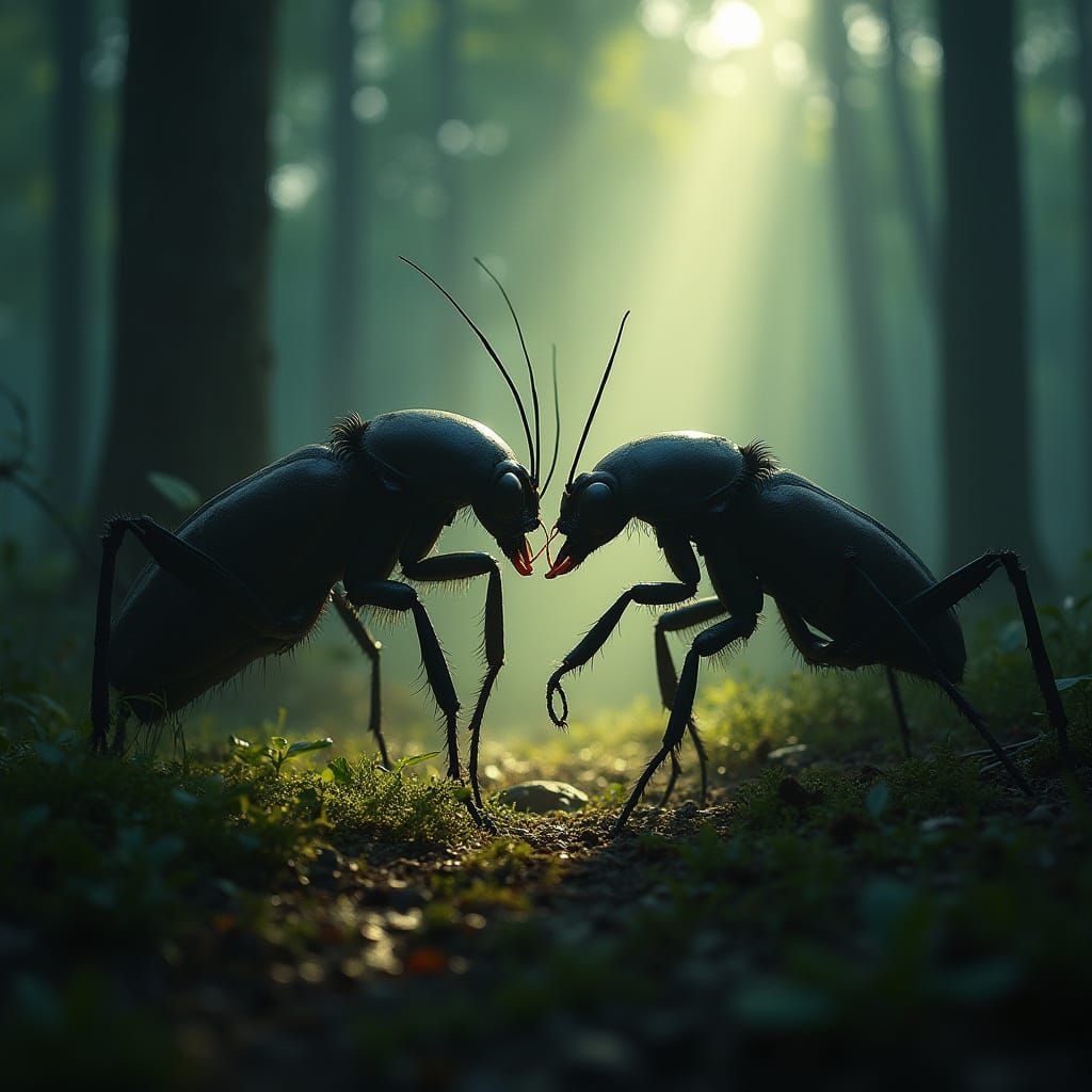 Insects Engaged in Intense Combat Scene on Forest Floor Illu...
