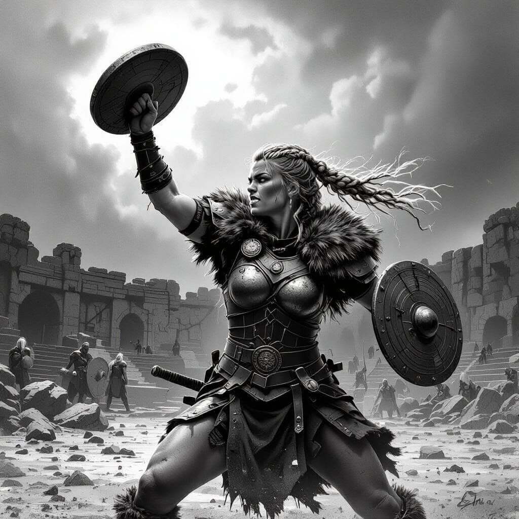 Viking Shieldmaiden Throwing Discus in Stormy Arena