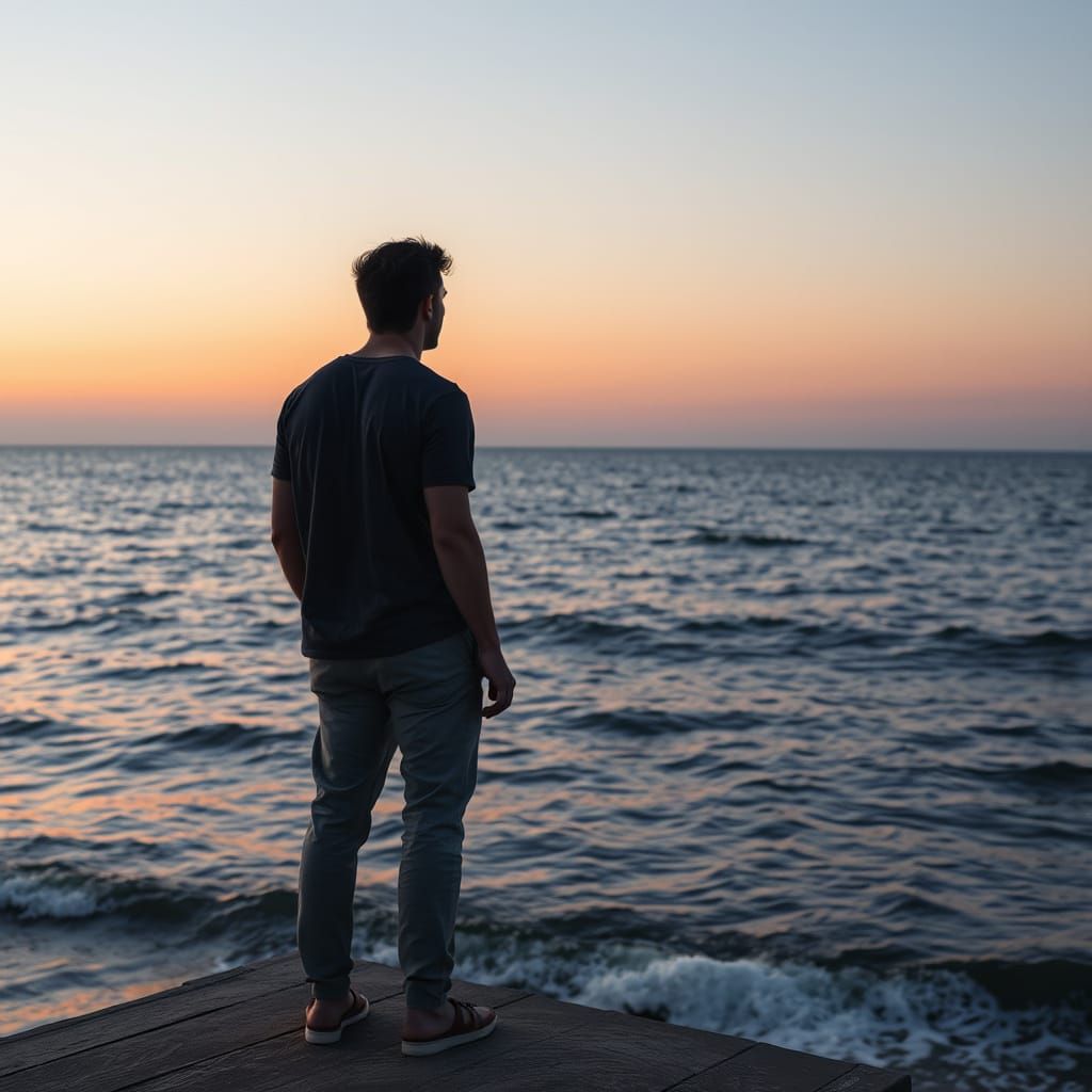 Pensive Man Gazing at Sunset in Digital Art Style