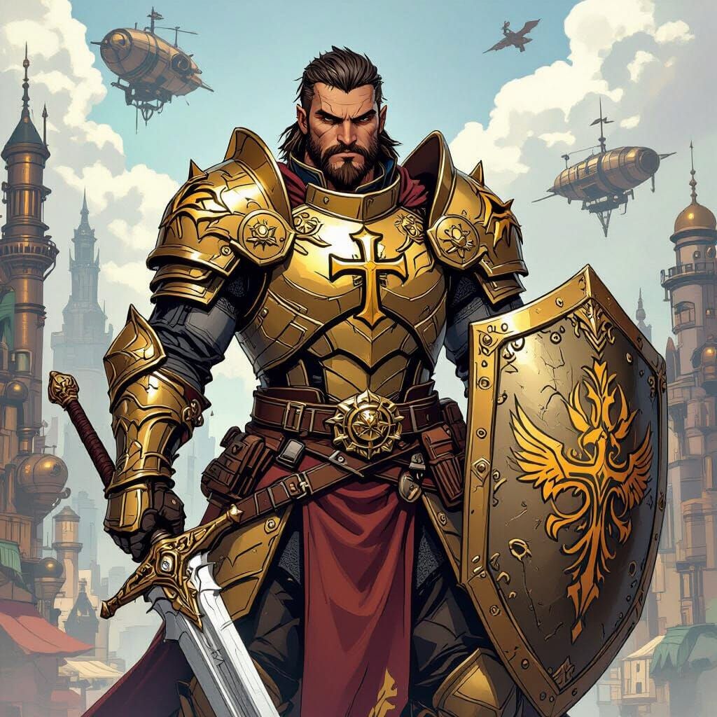 Dragonborn Paladin in Steampunk City