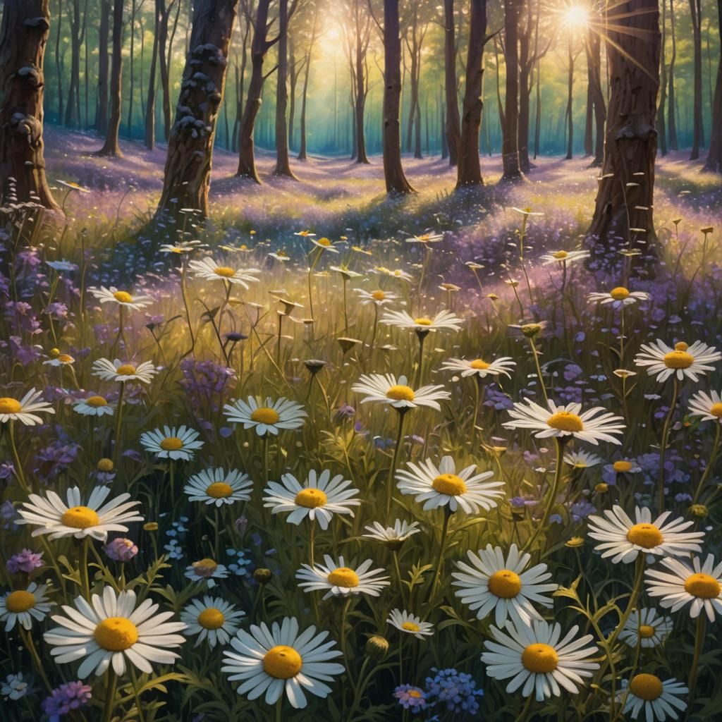 Chamomile Meadow in Sun-Drenched Forest Clearing