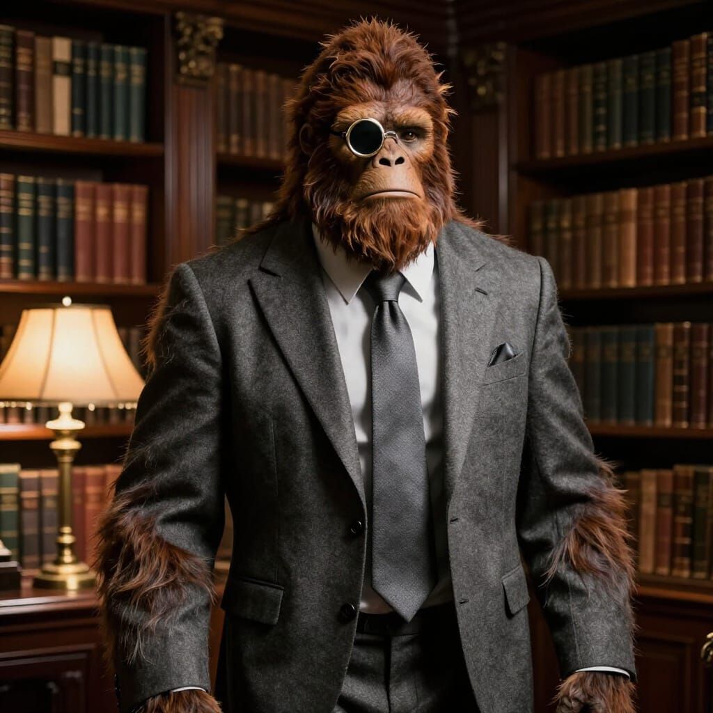 Sophisticated Bigfoot in a Suit with Monocle