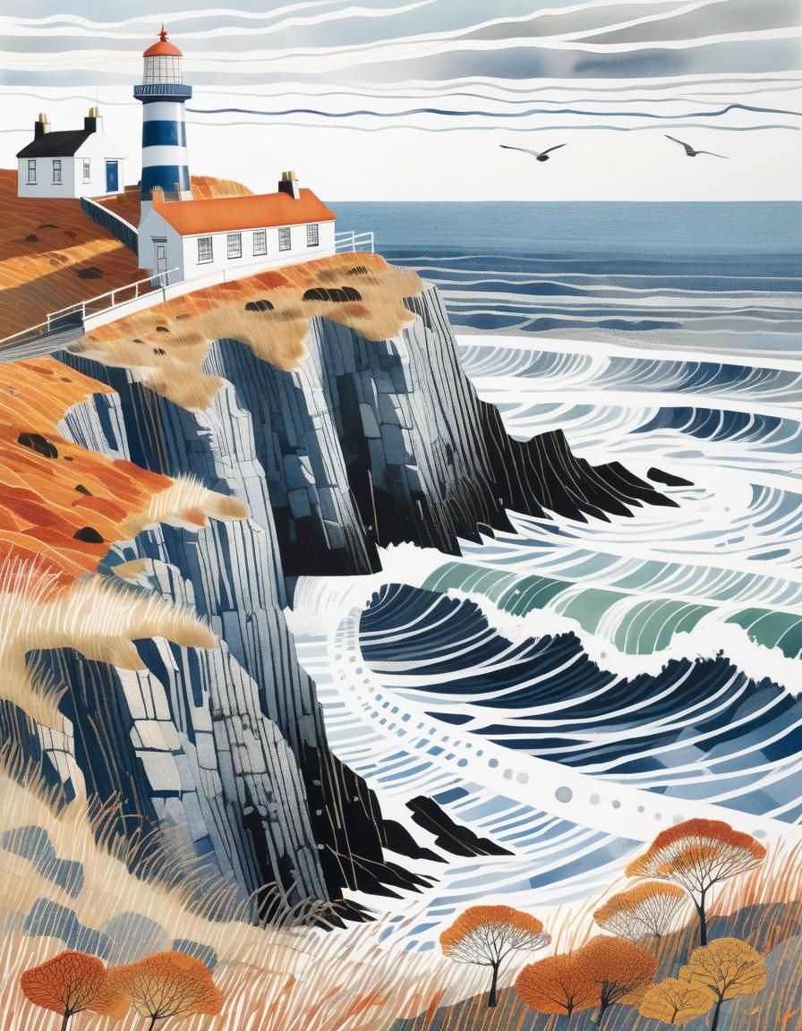 Autumn Lighthouse Cliffside Scene in Printmaking Style