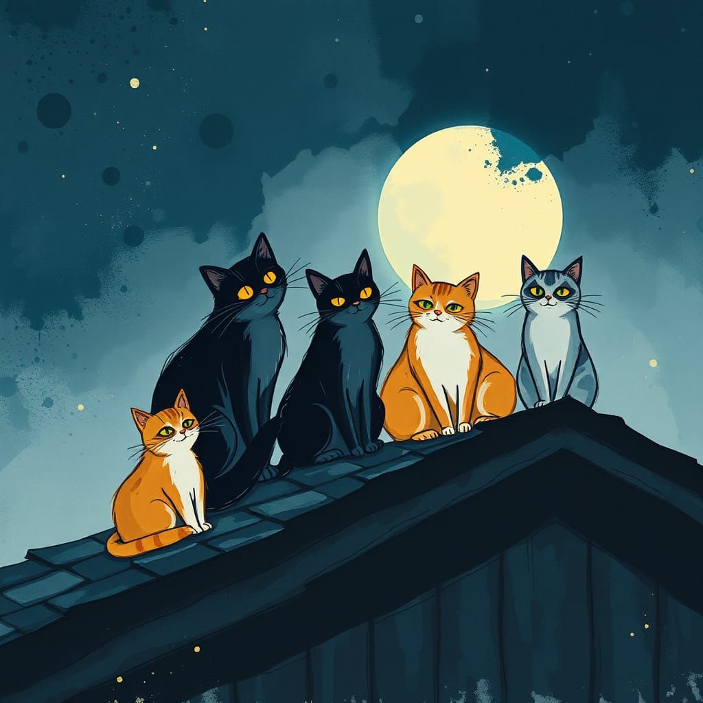 Cats on Moonlit Roof in Ink Splatter Art
