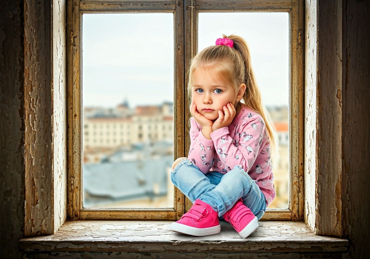 Melancholy Girl in Vintage Window, Children's Book Style