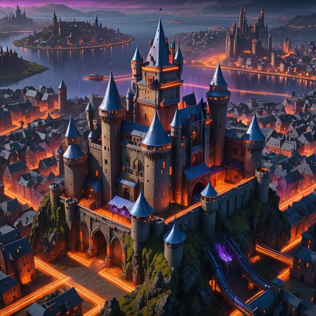 Cyberpunk Medieval Knight's Castle with Holographic Defenses