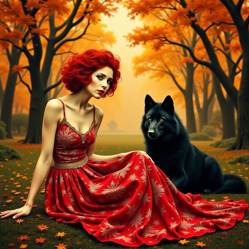 Red-Haired Woman with Wolf in Autumnal Forest