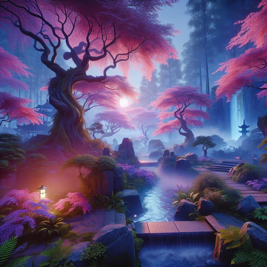 Twilight Japanese Garden: Fantasy Concept Art