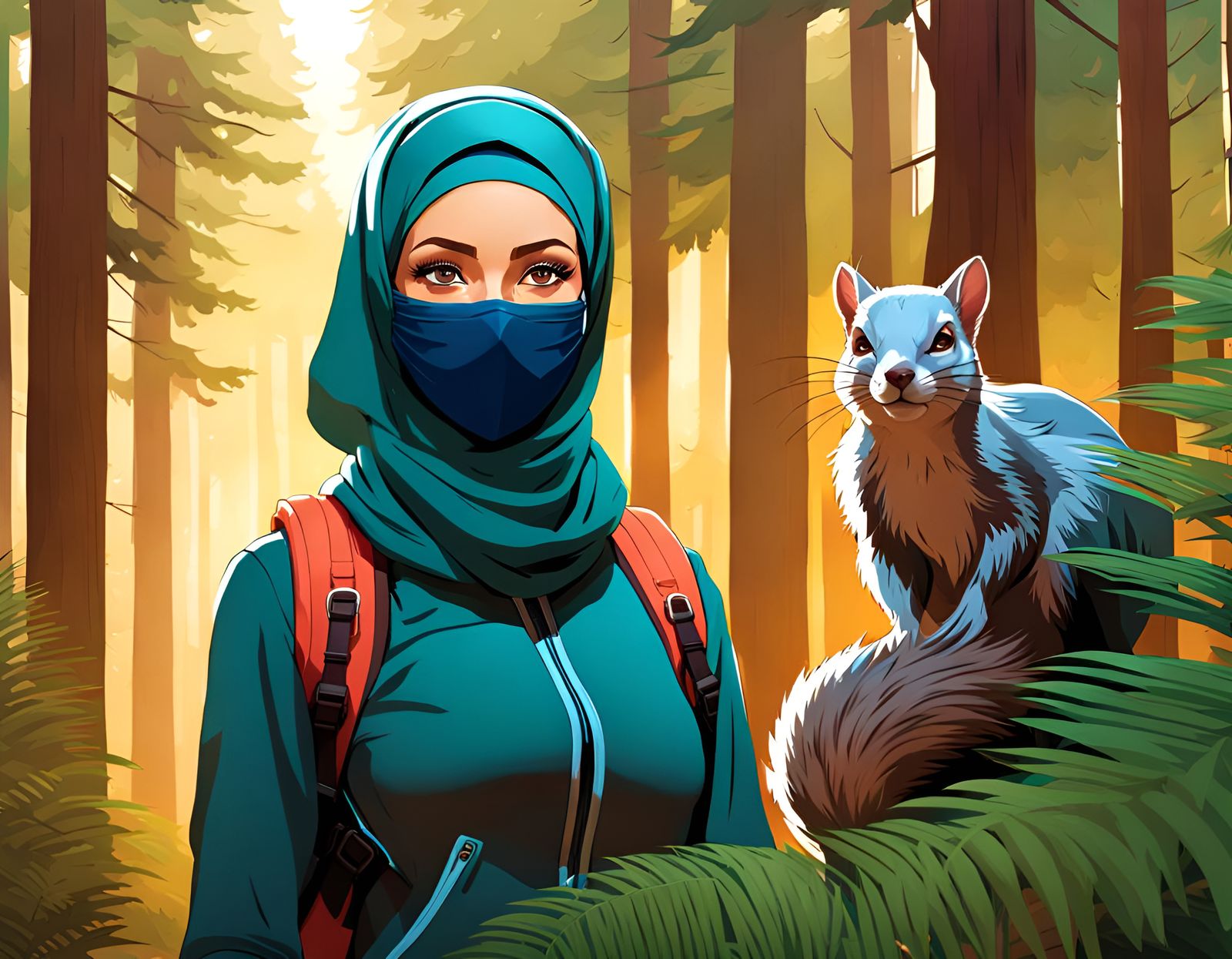 Woman in Hijab Hiking in Forest: Hyperdetailed Portrait