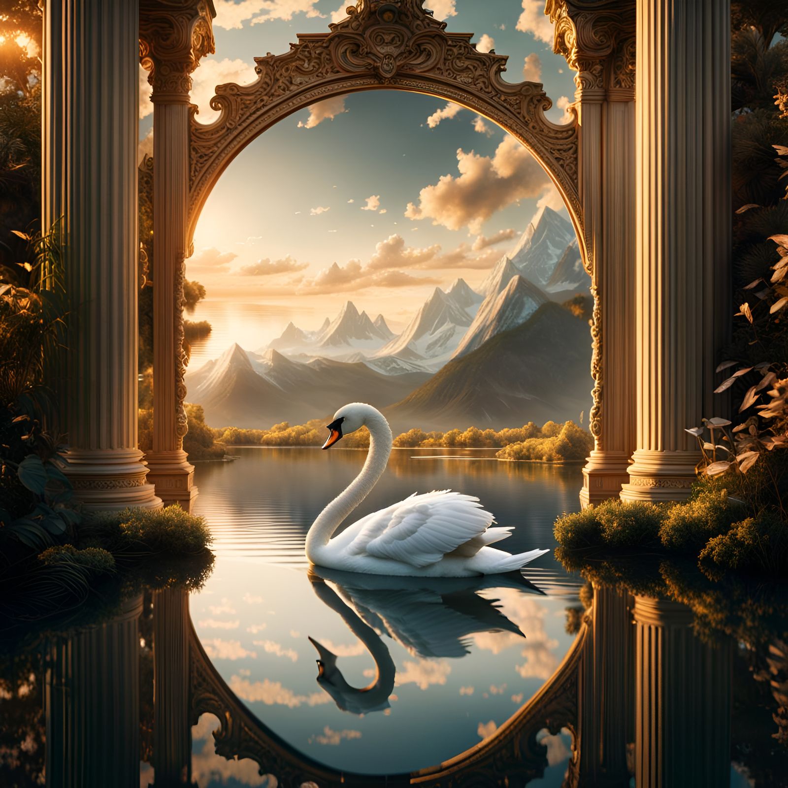 Swan Gliding in Surreal, Detailed World