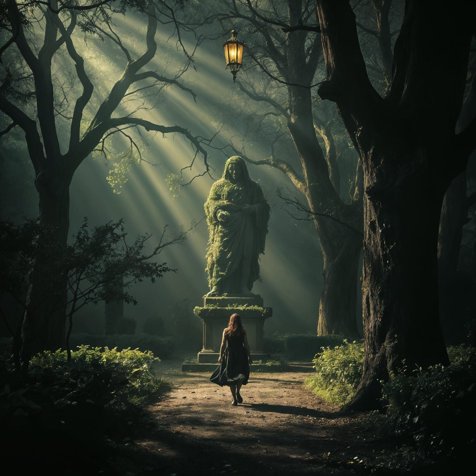 Eerie Garden Statue in Dark Sunbeams